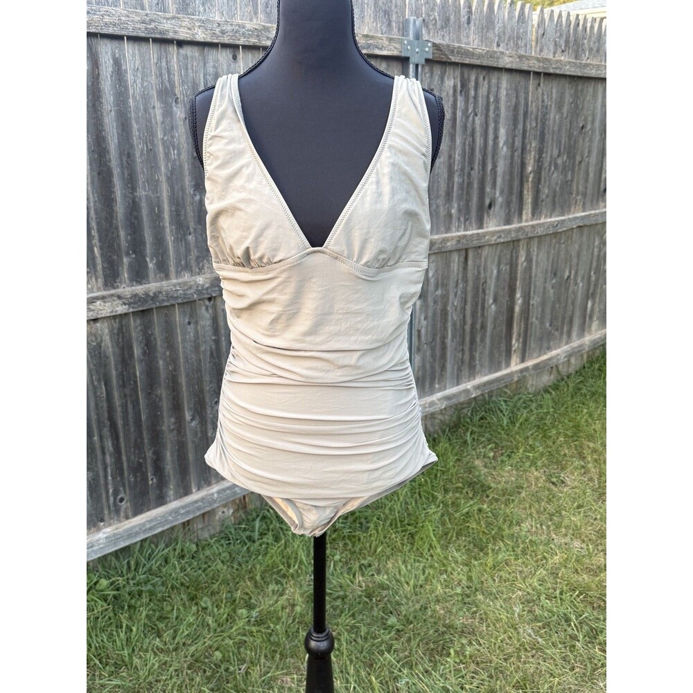 J. Crew Femme Beige Ruched V-Neck One Piece Swimsuit Sz 14